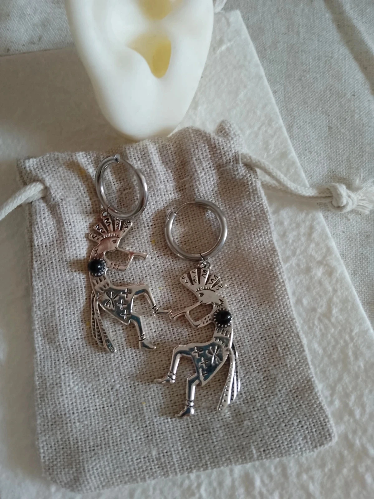 Silver Bohemian Hoop Earrings with Obsidian Stones – photo 2